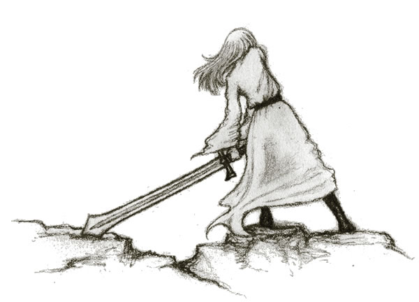 A young girl bravely facing the unknown with a sword that she will one day grow into.