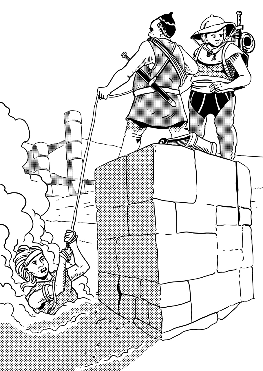 Explorers overlook desert ruins