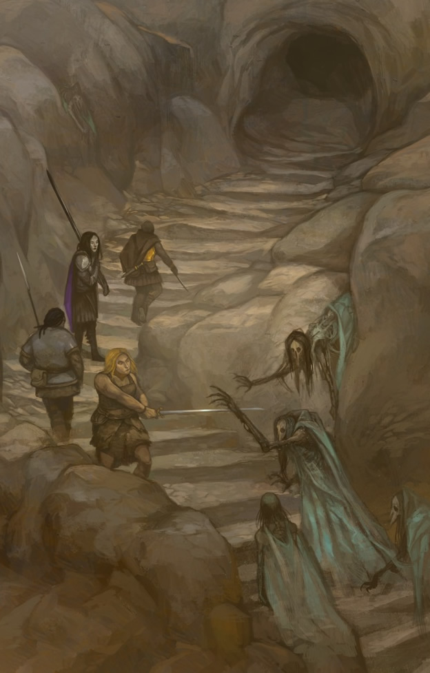 Heroes fight off strange spirits of the dead as they make their way up ancient stairs.