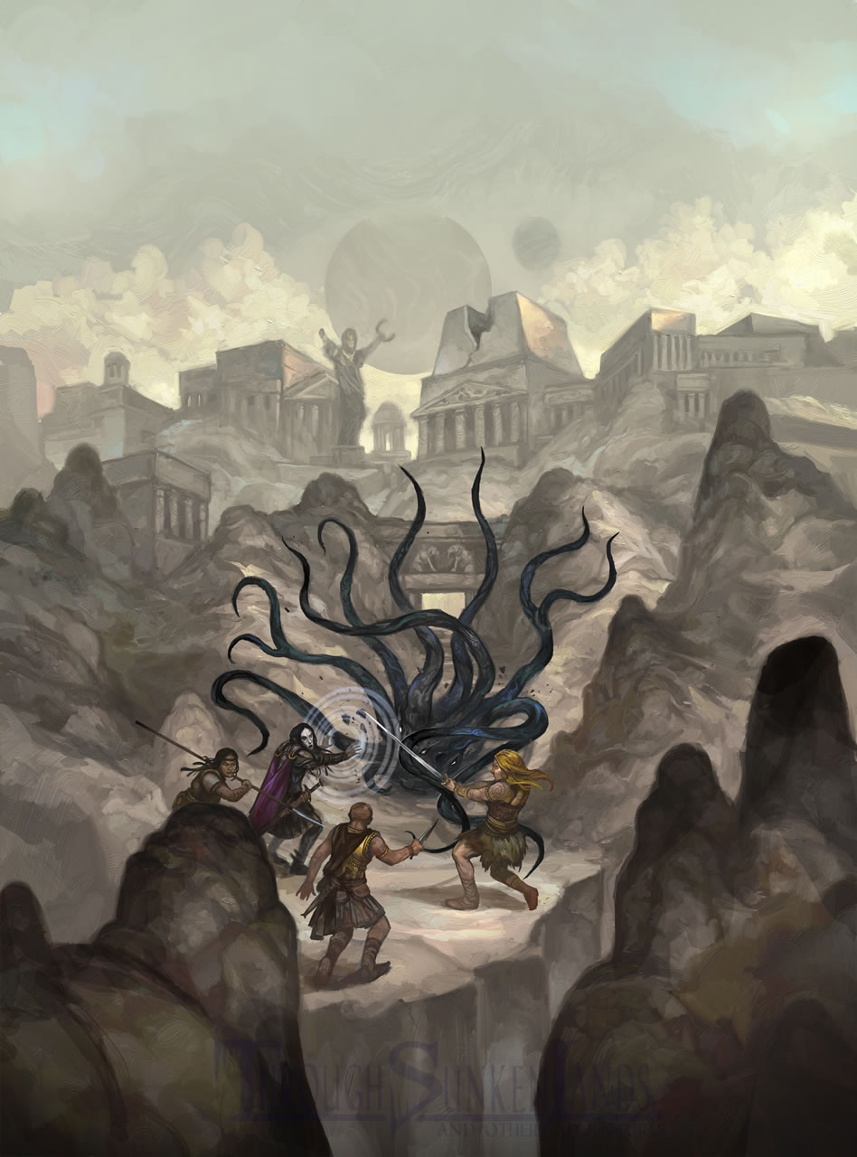 Heroes fight a tentacled monstrosity along the approach to a majestic ruined temple complex.