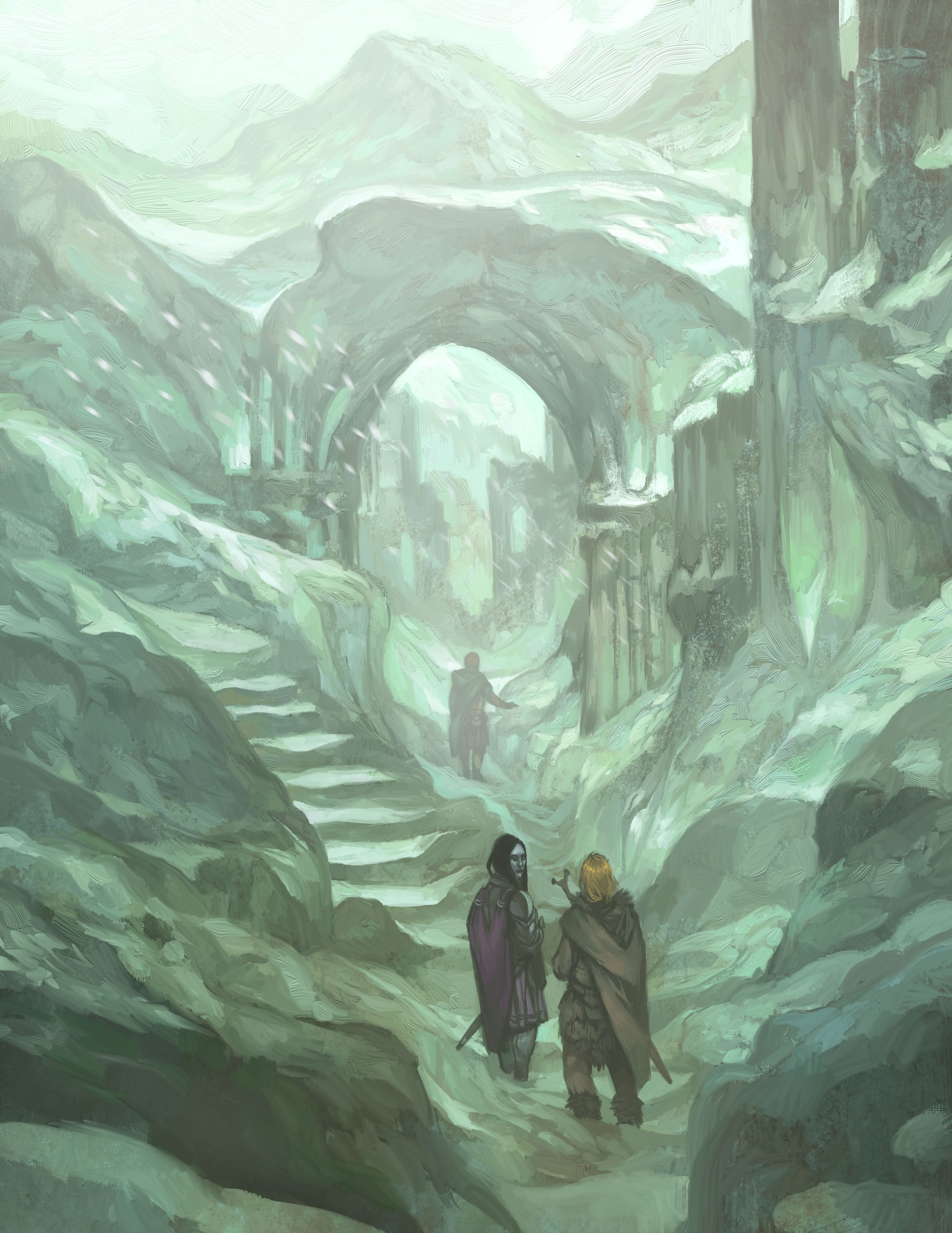 Heroes fight off strange spirits of the dead as they make their way up ancient stairs.